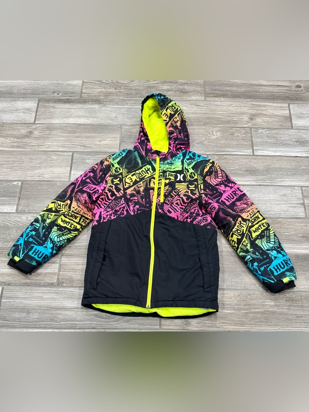 Hurley Boys XL Graphic Fleece Hooded Full Zip Jacket Neon Lined